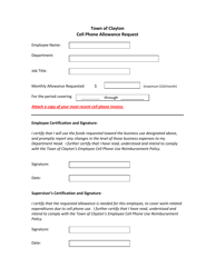 Document preview: Cell Phone Allowance Request - Town of Clayton, New York