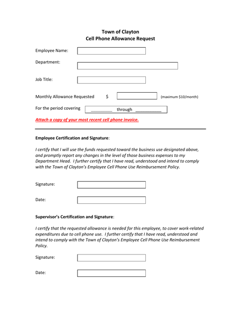 Cell Phone Allowance Request - Town of Clayton, New York Download Pdf