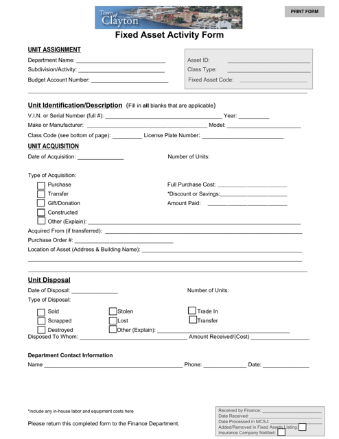 Fixed Asset Activity Form - Town of Clayton, New York Download Pdf