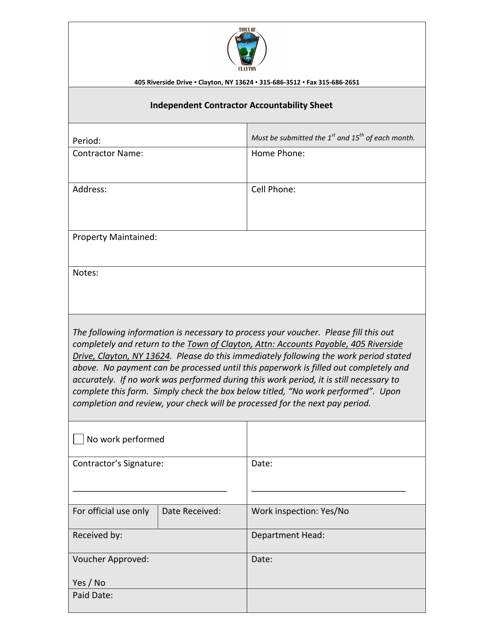 Independent Contractor Accountability Sheet - Town of Clayton, New York Download Pdf