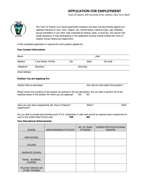 Application for Employment - Town of Clayton, New York Download Pdf