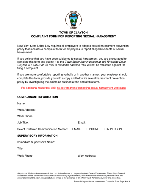 Complaint Form for Reporting Sexual Harassment - Town of Clayton, New York Download Pdf
