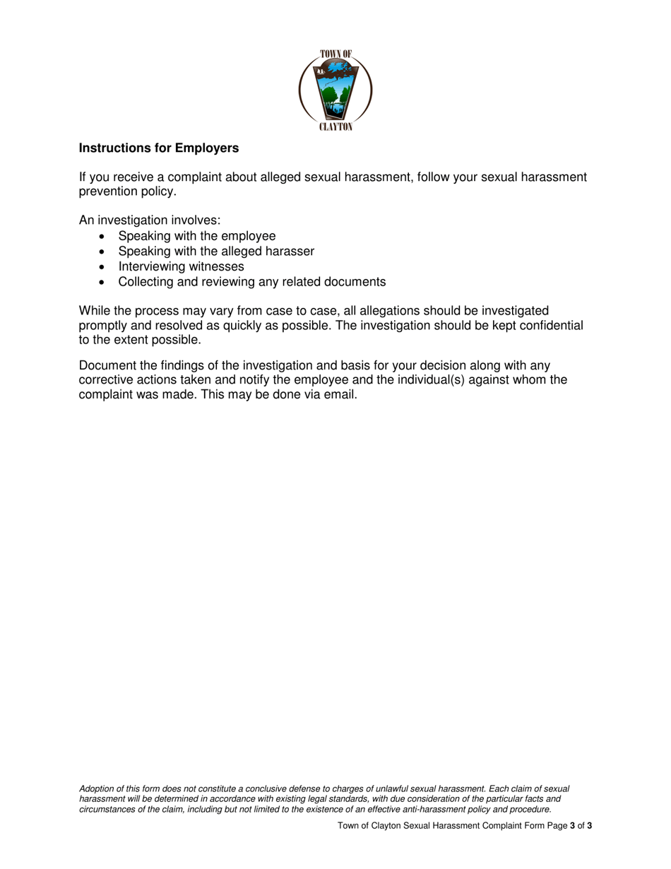 Complaint Form for Reporting Sexual Harassment - Town of Clayton, New York, Page 3