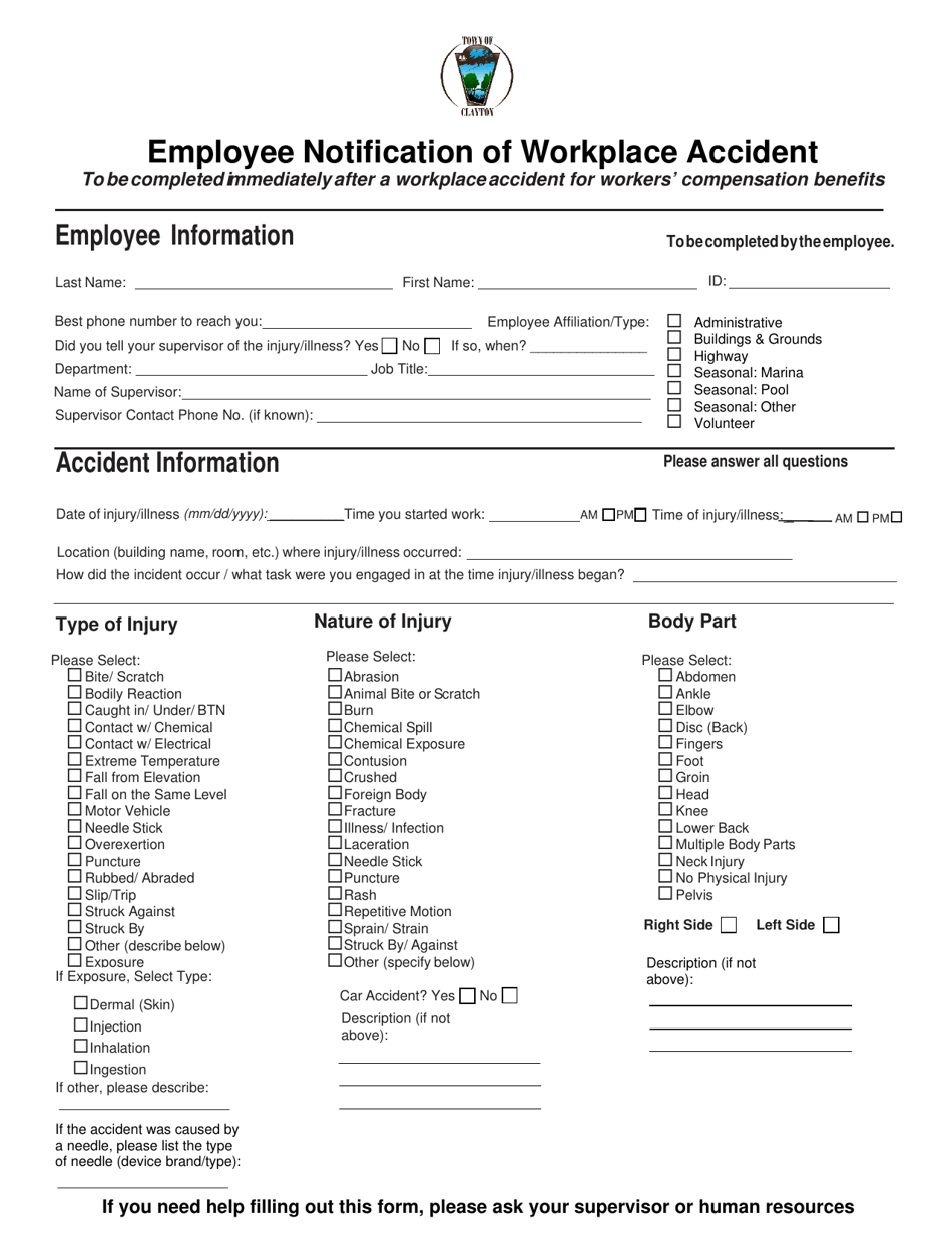 Employee Notification of Workplace Accident - Town of Clayton, New York, Page 1