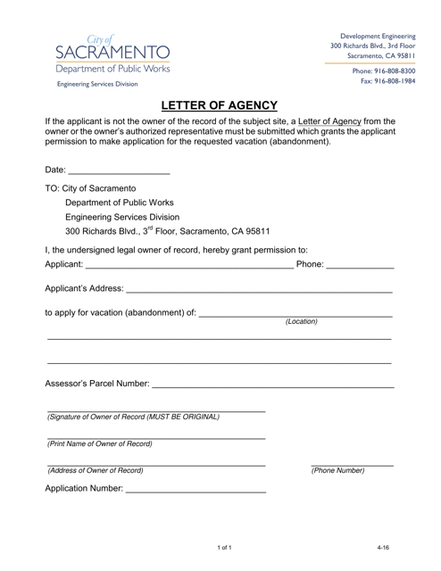 Letter of Agency - City of Sacramento, California Download Pdf