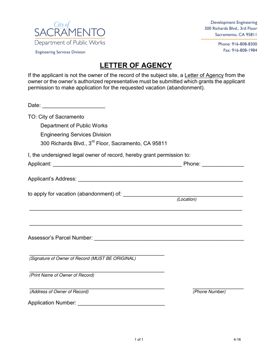 Letter of Agency - City of Sacramento, California, Page 1