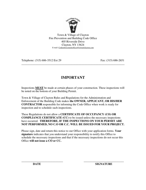 Notice of Responsibility - Town and Village of Clayton, New York Download Pdf