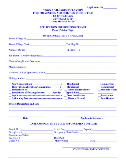 Application for Building Permit - Town of Clayton, New York Download Pdf
