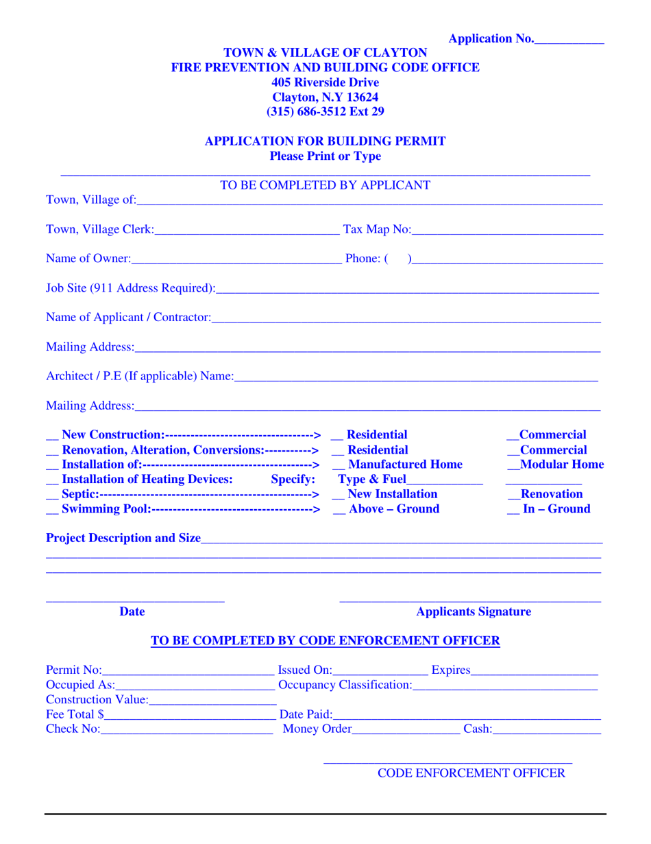 Town of Clayton, New York Application for Building Permit Download