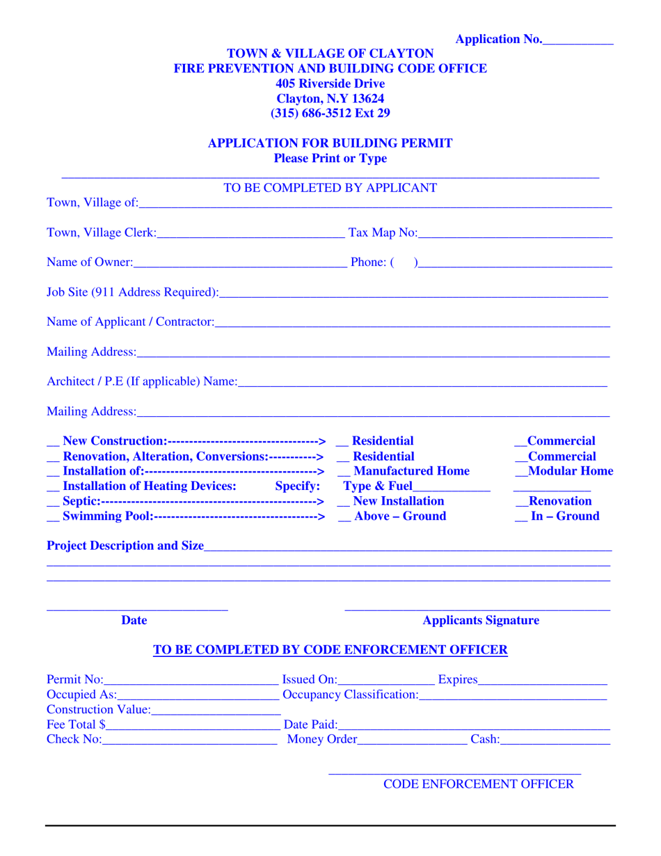 Application for Building Permit - Town of Clayton, New York, Page 1