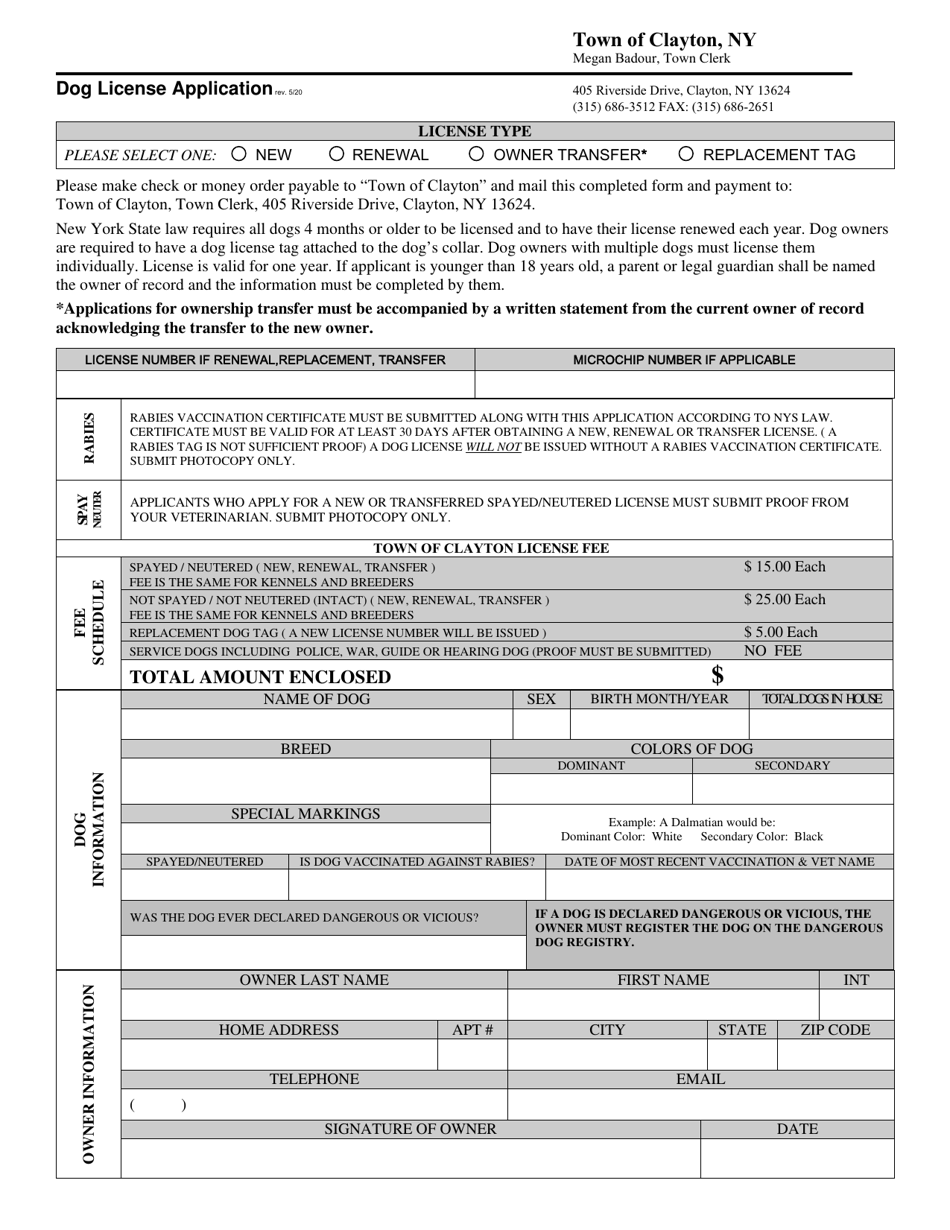 Town of Clayton, New York Dog License Application Fill Out, Sign