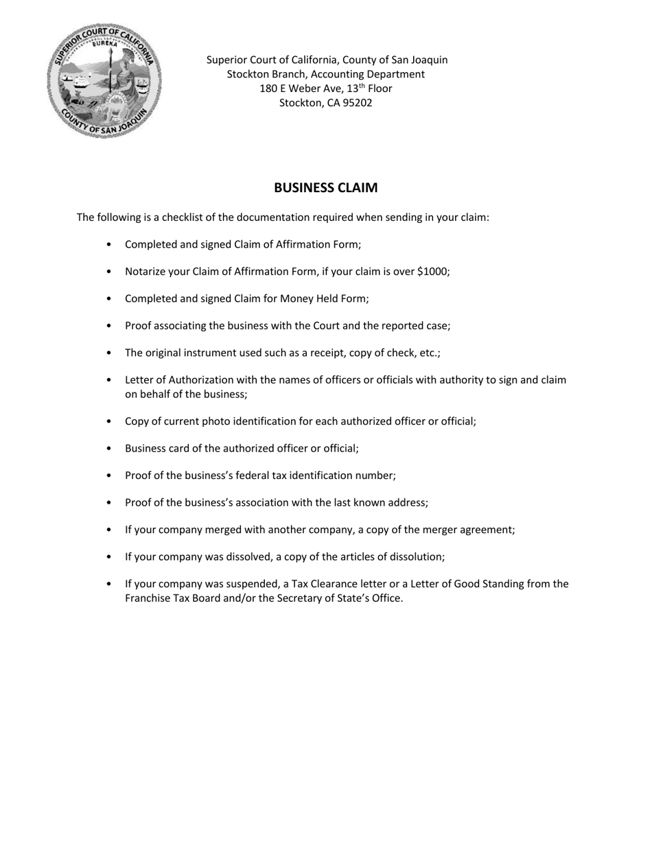 Business Claim Checklist - County of San Joaquin, California, Page 1