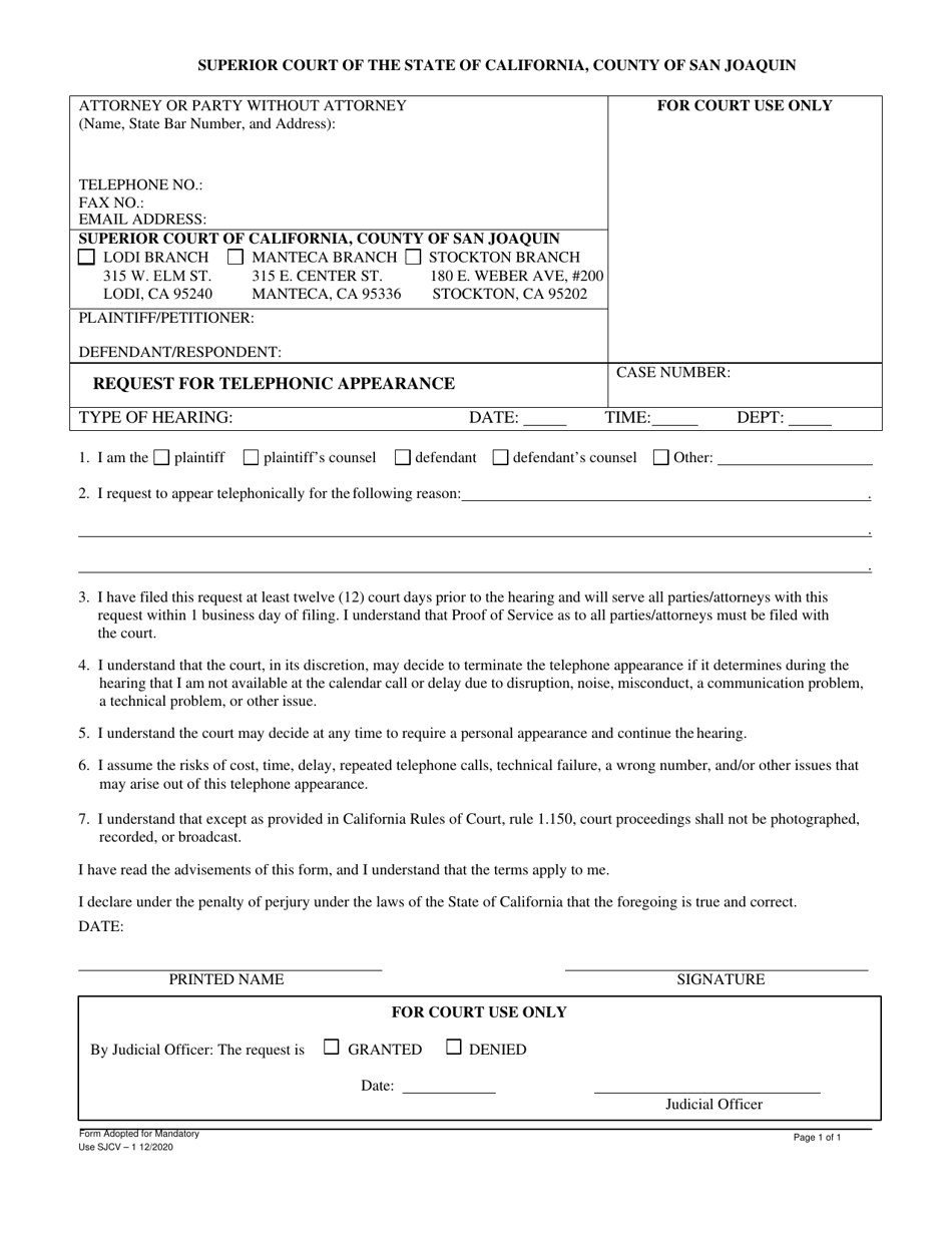 Request for Telephonic Appearance - County of San Joaquin, California, Page 1