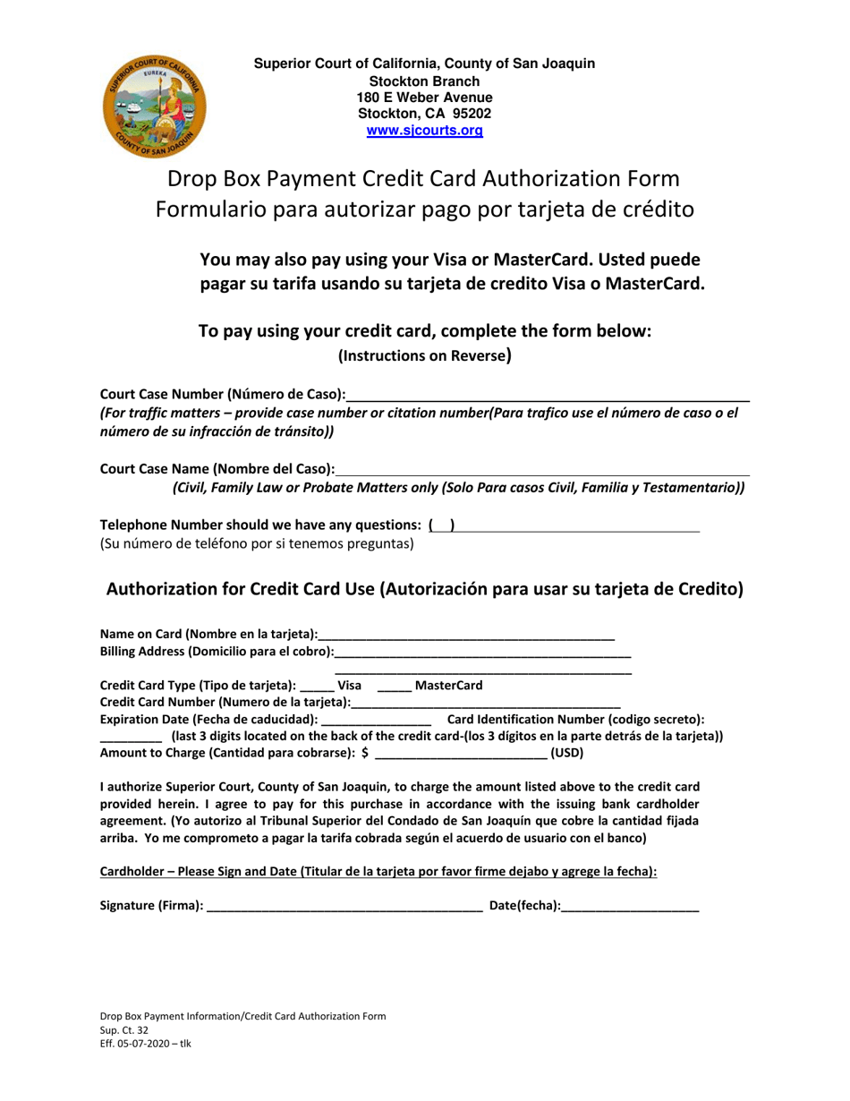 Form Sup Ct32 Drop Box Payment Credit Card Authorization Form - County of San Joaquin, California (English/Spanish), Page 1