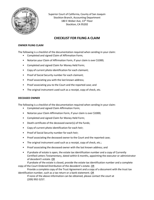 Checklist for Filing a Claim - County of San Joaquin, California Download Pdf