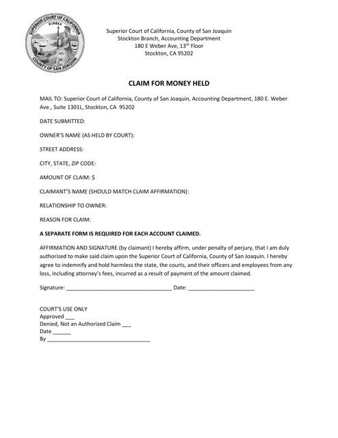 Claim for Money Held - County of San Joaquin, California Download Pdf