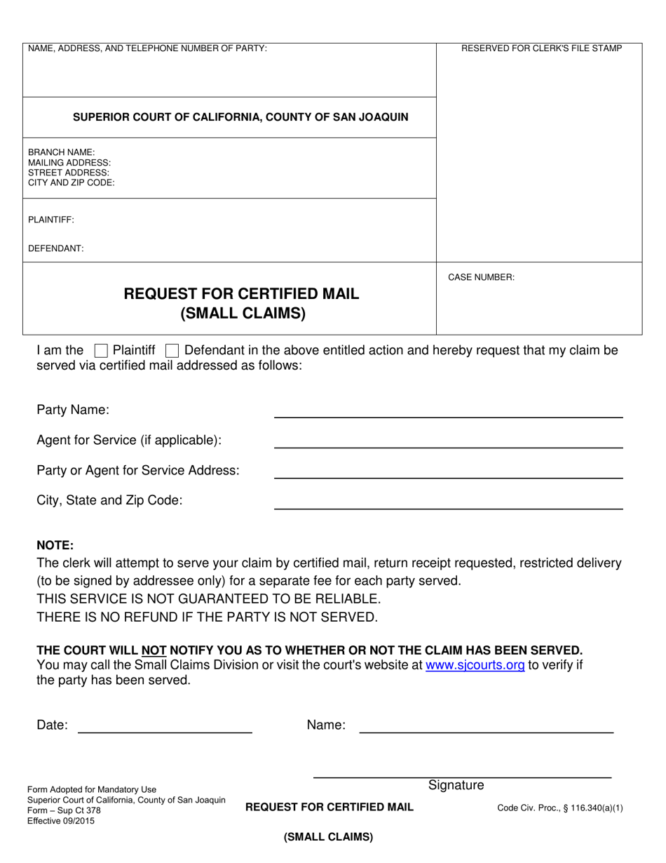 Form Sup Ct378 Request for Certified Mail (Small Claims) - County of San Joaquin, California, Page 1