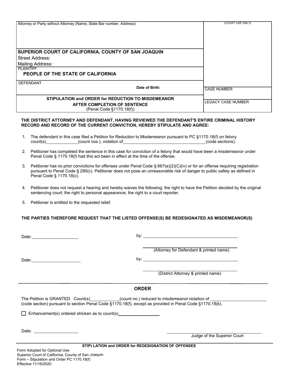 Stipulation and Order for Reduction to Misdemeanor After Completion of Sentence - County of San Joaquin, California, Page 1