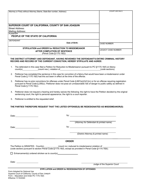 Stipulation and Order for Reduction to Misdemeanor After Completion of Sentence - County of San Joaquin, California Download Pdf