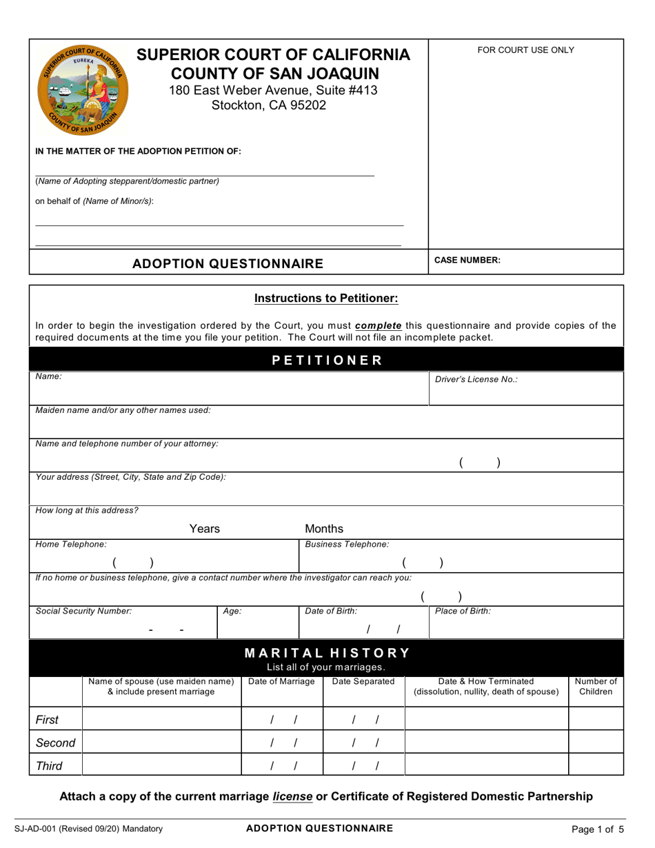 Form SJ-AD-001 Adoption Questionnaire - County of San Joaquin, California, Page 1