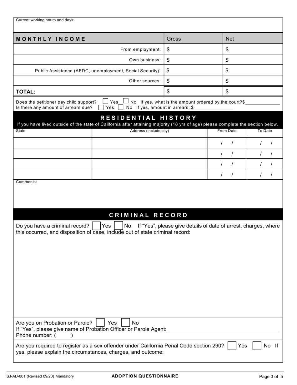 Form SJ-AD-001 Adoption Questionnaire - County of San Joaquin, California, Page 3