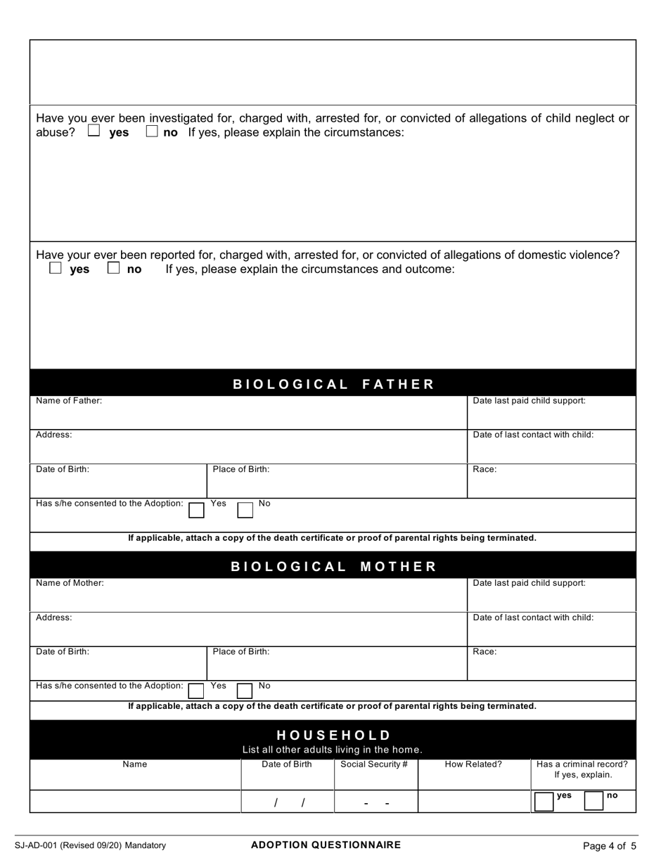 Form SJ-AD-001 Adoption Questionnaire - County of San Joaquin, California, Page 4