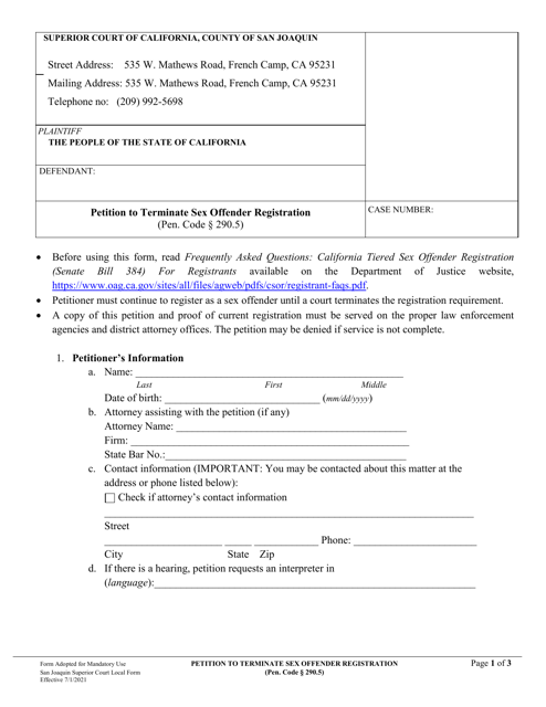 Petition to Terminate Sex Offender Registration - County of San Joaquin, California Download Pdf