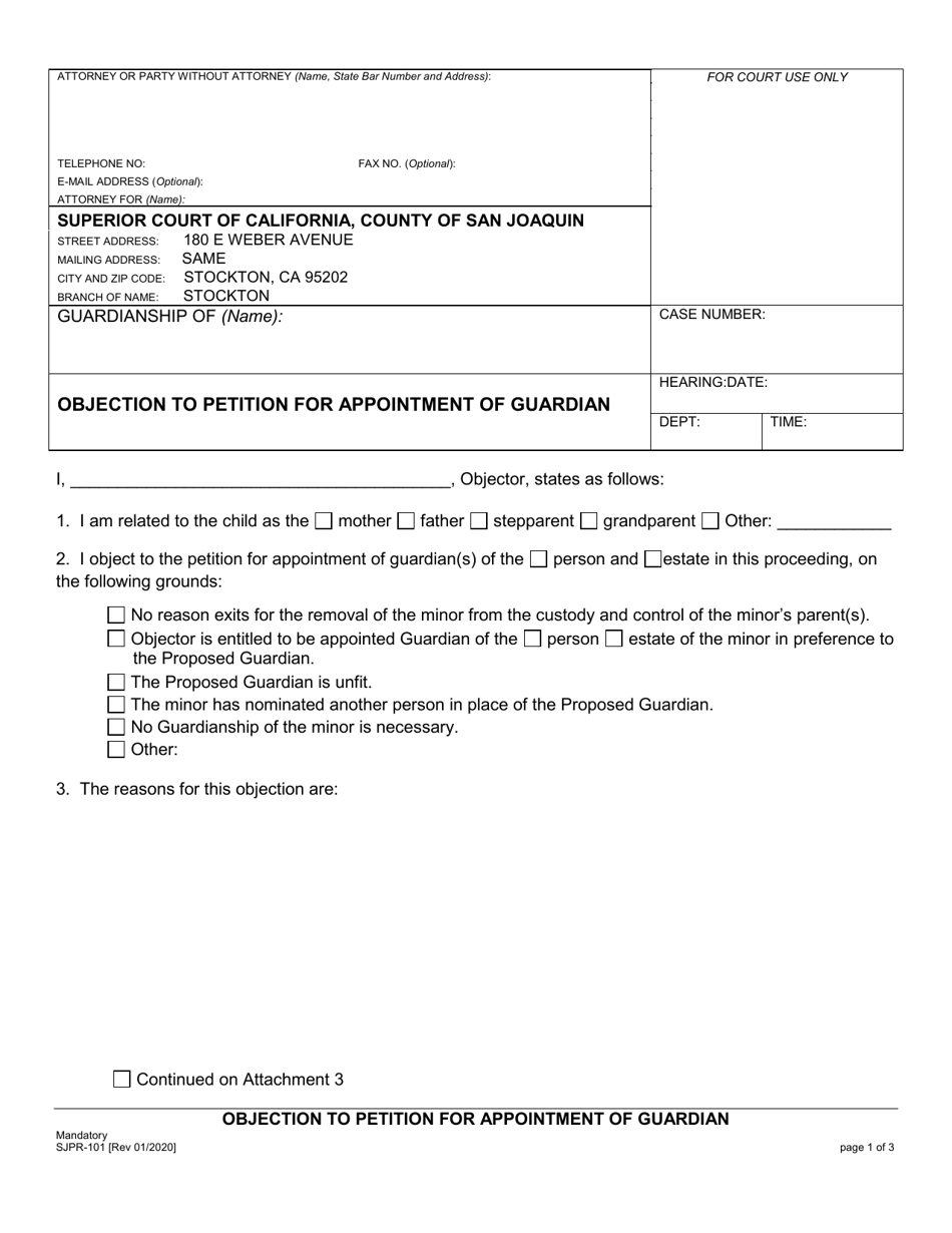Form SJPR-101 Objection to Petition for Appointment of Guardian - County of San Joaquin, California, Page 1