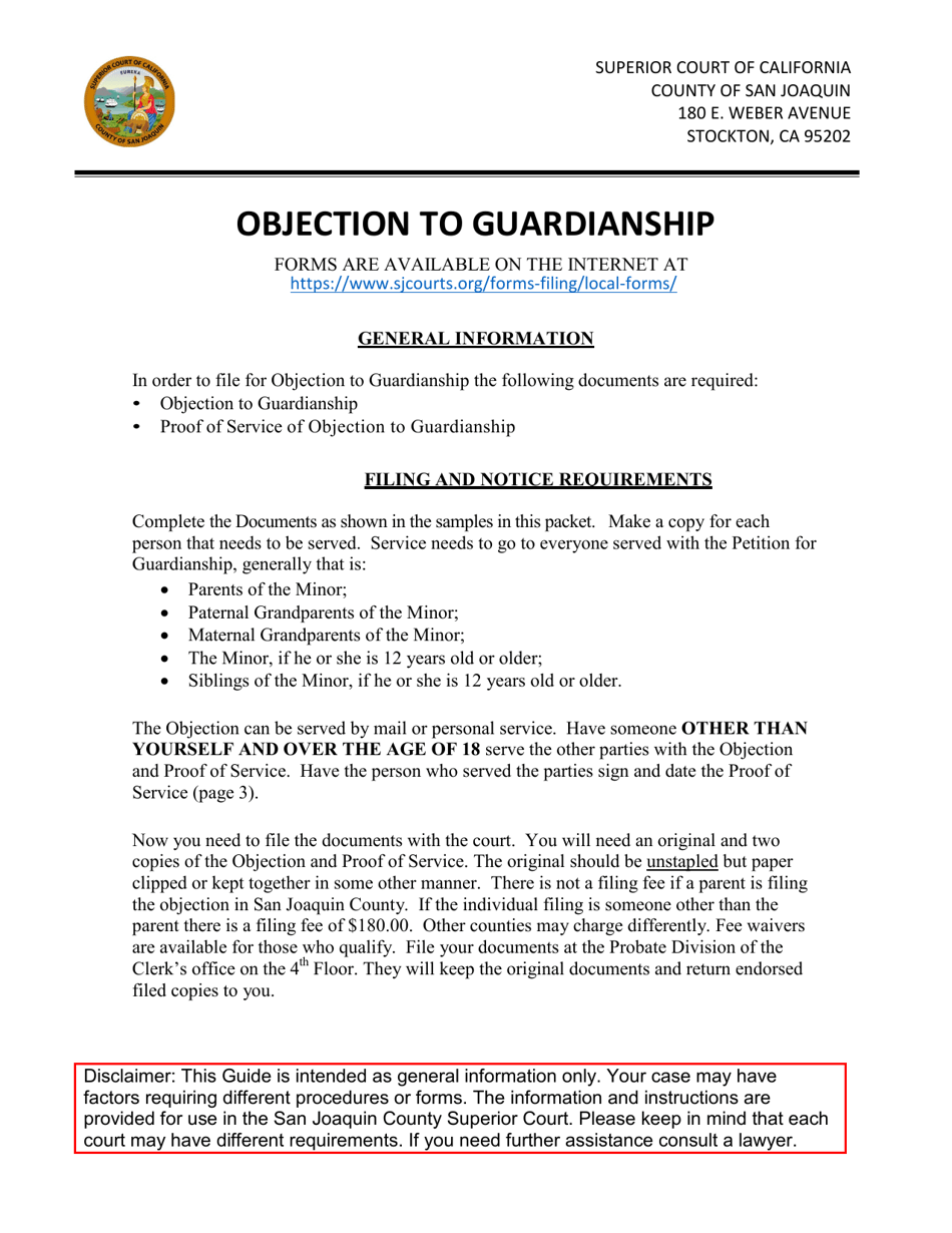Instructions for Form SJPR-101 Objection to Petition for Appointment of Guardian - County of San Joaquin, California, Page 1