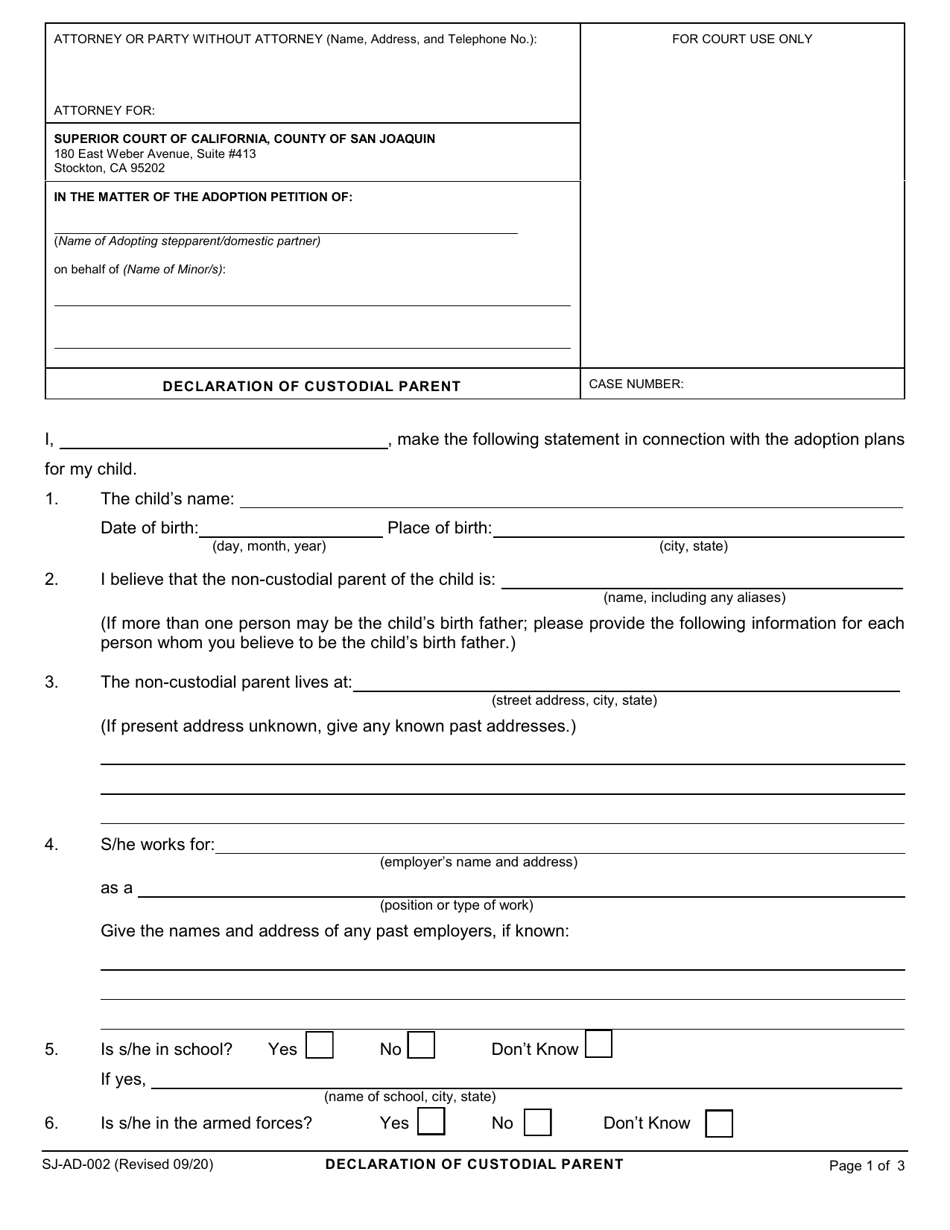 Form SJ-AD-002 Declaration of Custodial Parent - County of San Joaquin, California, Page 1