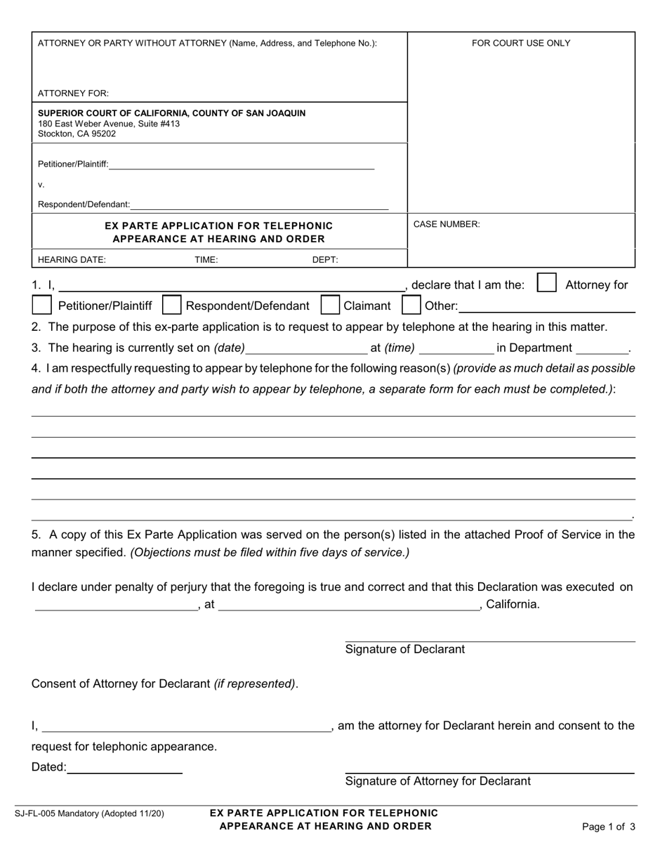 Form SJ-FL-005 Ex Parte Application for Telephonic Appearance at Hearing and Order - County of San Joaquin, California, Page 1