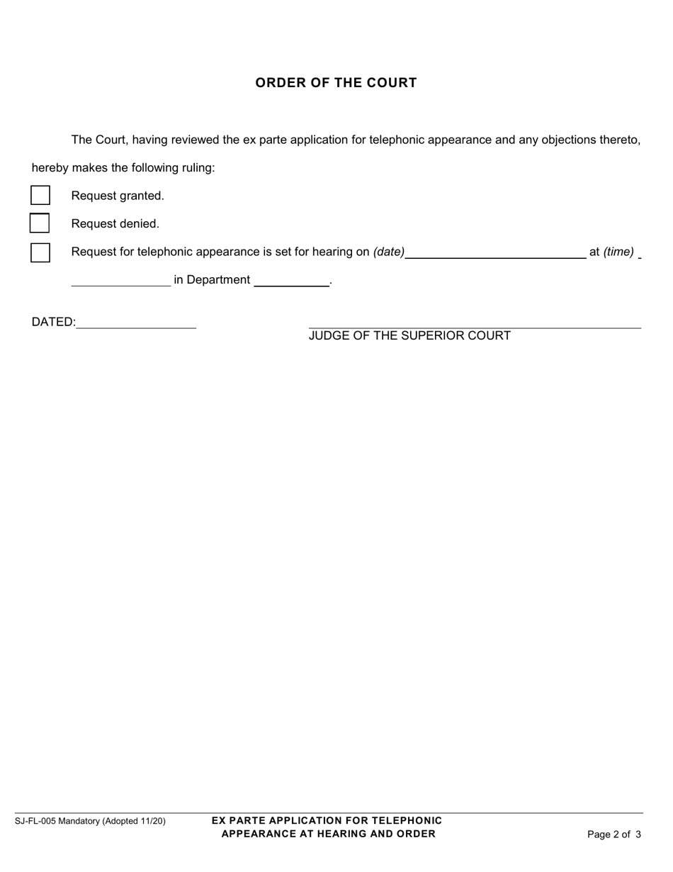 Form SJ-FL-005 Ex Parte Application for Telephonic Appearance at Hearing and Order - County of San Joaquin, California, Page 2