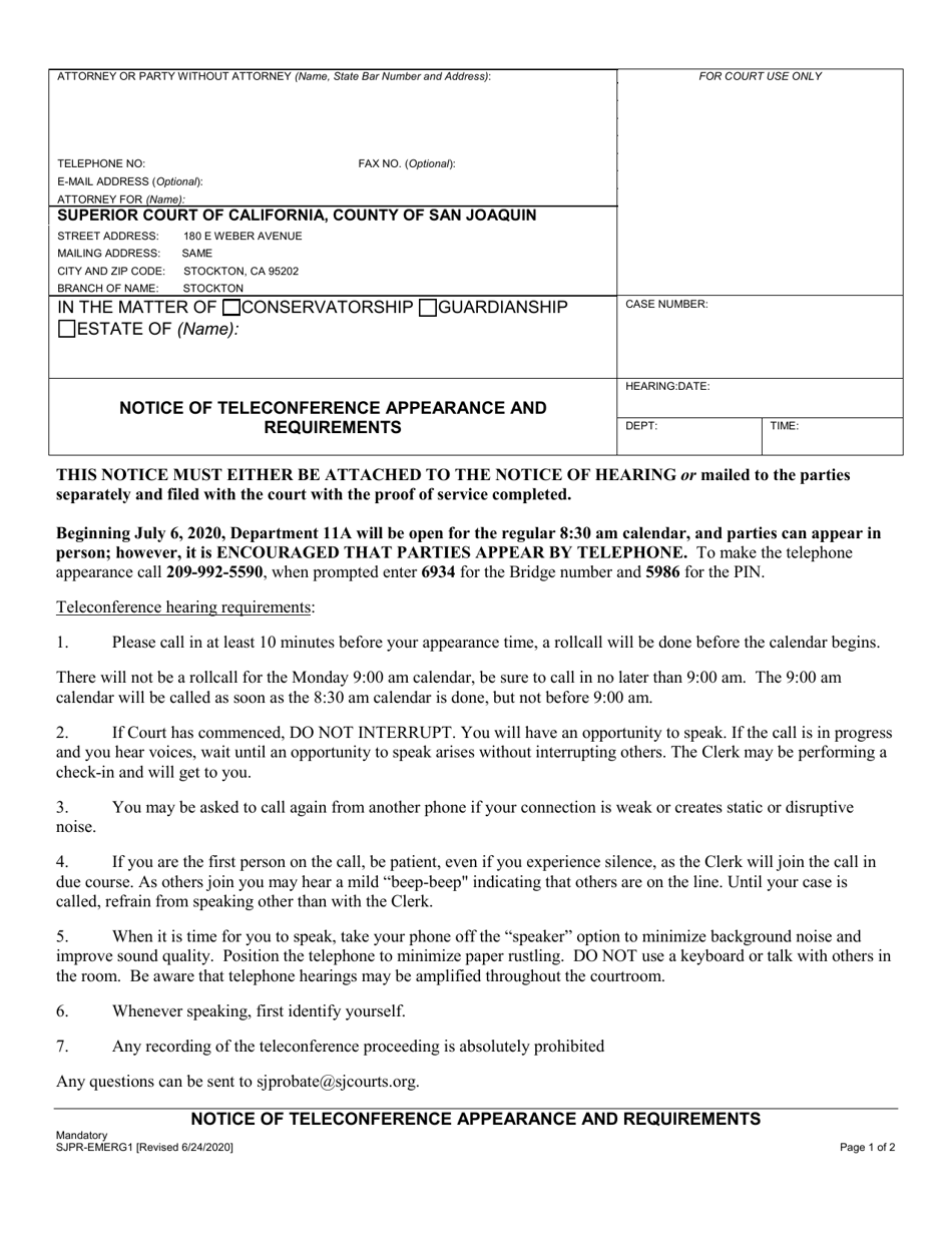 Form SJPR-EMERG1 Notice of Teleconference Appearance and Requirements - County of San Joaquin, California, Page 1