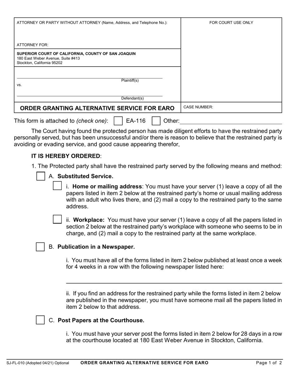 Form SJ-FL-010 Order Granting Alternative Service for Earo - County of San Joaquin, California, Page 1