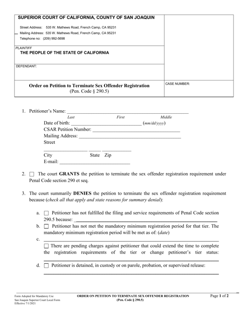 Order on Petition to Terminate Sex Offender Registration - County of San Joaquin, California Download Pdf