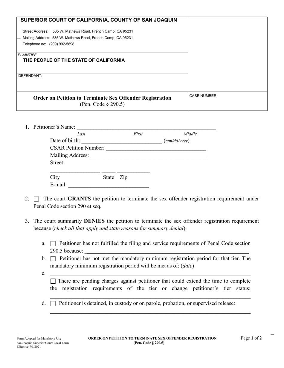 Order on Petition to Terminate Sex Offender Registration - County of San Joaquin, California, Page 1