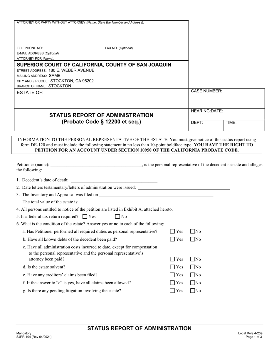 Form SJPR-104 Status Report of Administration - County of San Joaquin, California, Page 1