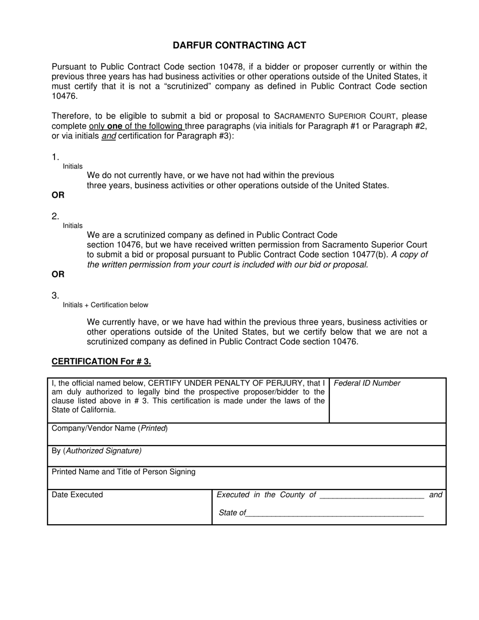 Darfur Contracting Act Certification Form - County of Sacramento, California, Page 1