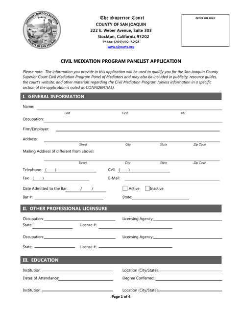 Civil Mediation Program Panelist Application - County of San Joaquin, California Download Pdf