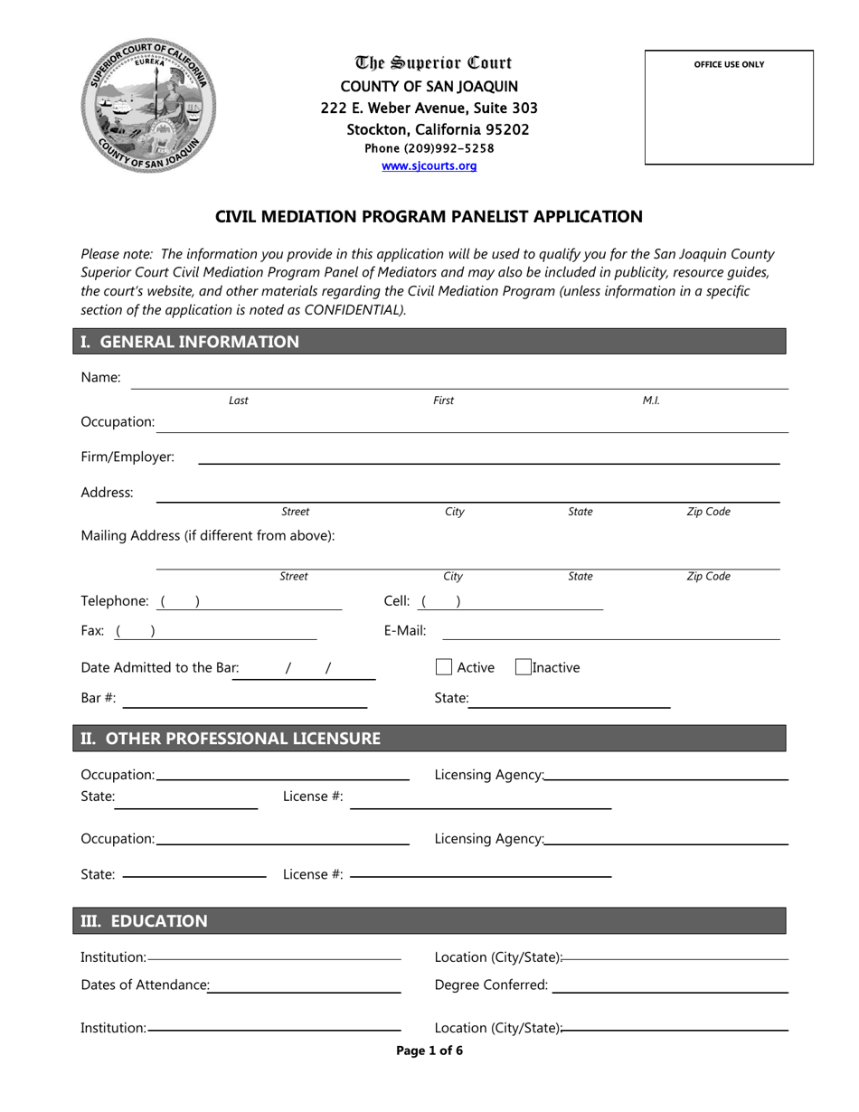 Civil Mediation Program Panelist Application - County of San Joaquin, California, Page 1