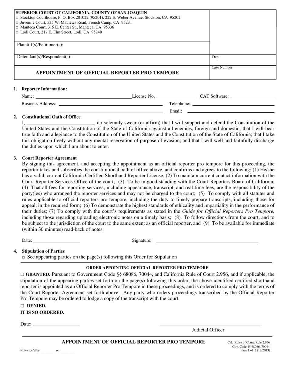 Appointment of Official Reporter Pro Tempore - County of San Joaquin, California, Page 1