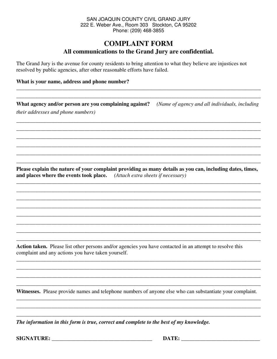 Complaint Form - County of San Joaquin, California, Page 1