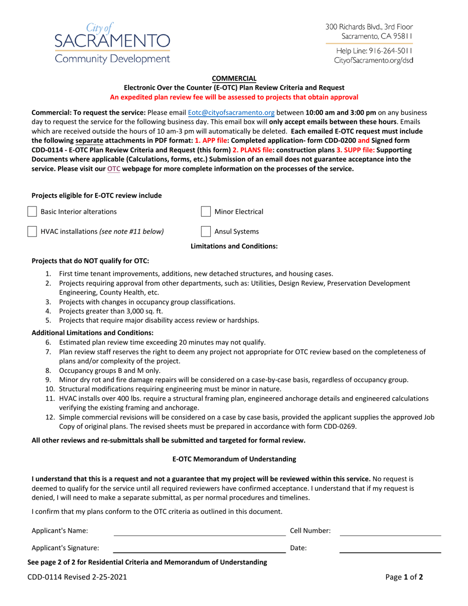 Form CDD-0114 Commercial Electronic Over the Counter (E-OTC) Plan Review Criteria and Request - City of Sacramento, California, Page 1