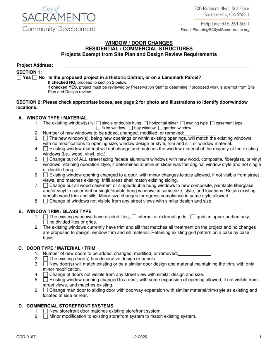 Form CDD-0187 Over the Counter Window and Door Approval Form - City of Sacramento, California, Page 1