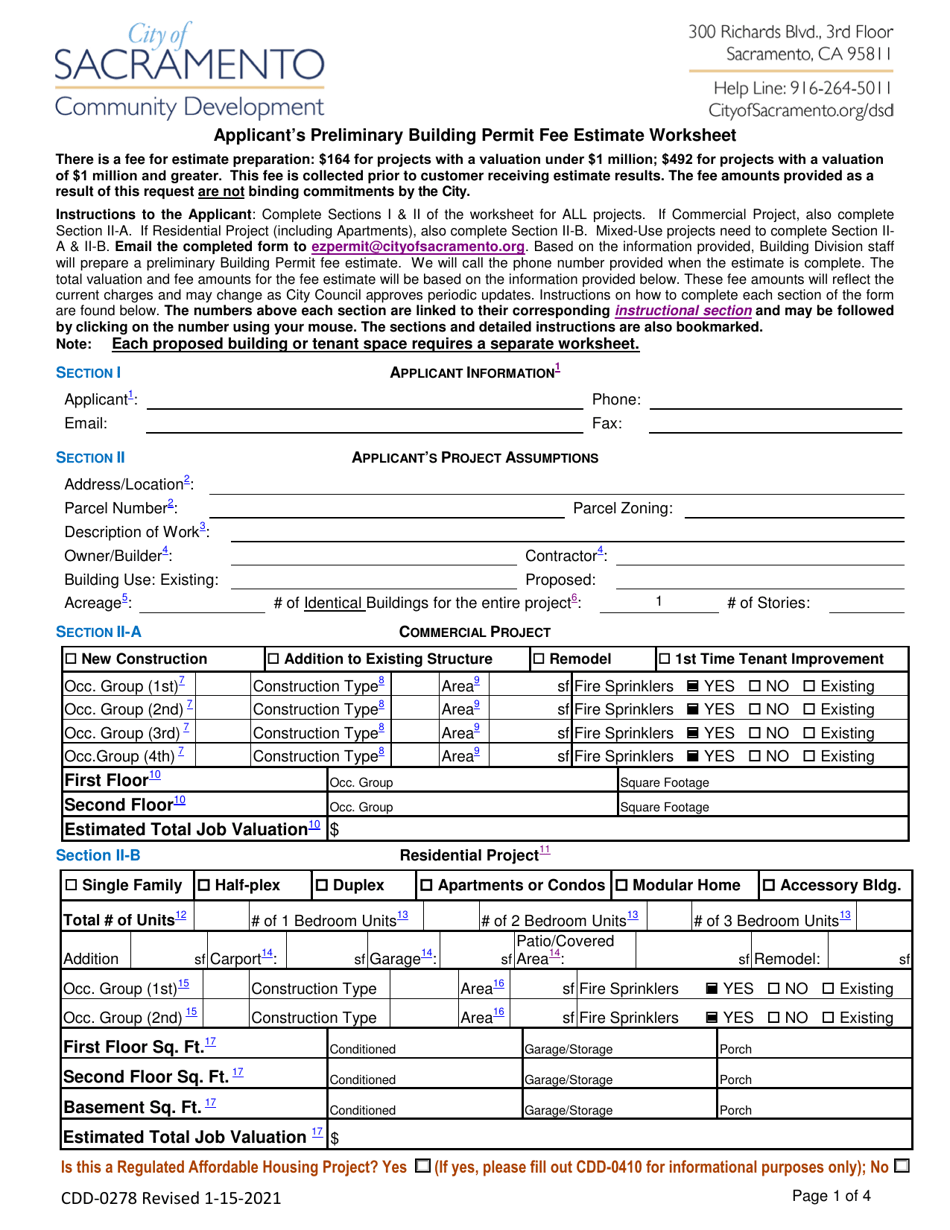 Form CDD-0278 Applicants Preliminary Building Permit Fee Estimate Worksheet - City of Sacramento, California, Page 1