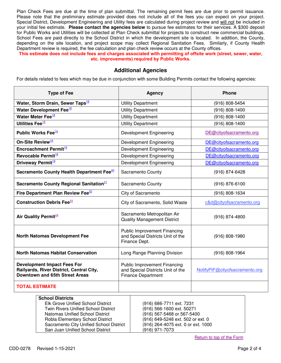Form CDD-0278 Applicants Preliminary Building Permit Fee Estimate Worksheet - City of Sacramento, California, Page 2