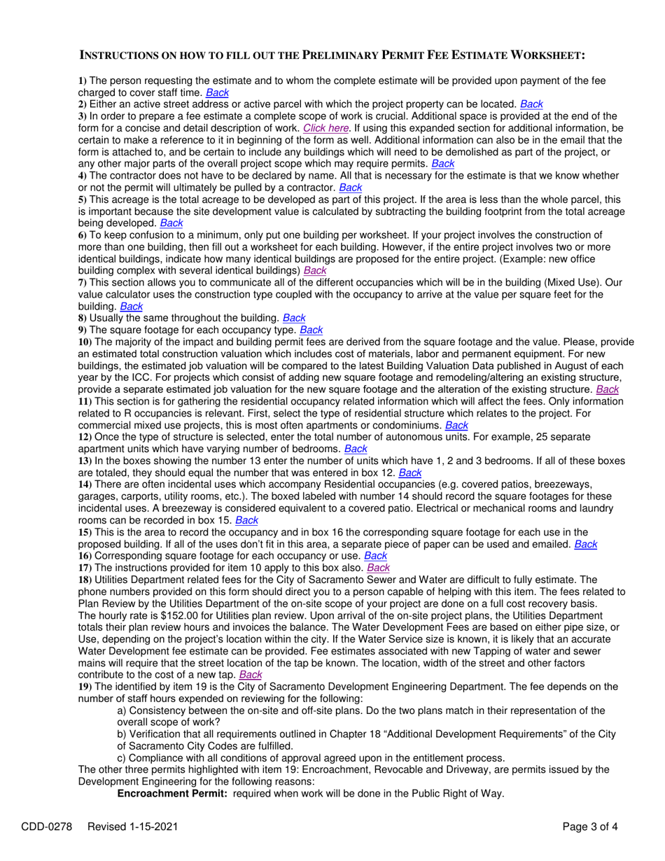 Form CDD-0278 Applicants Preliminary Building Permit Fee Estimate Worksheet - City of Sacramento, California, Page 3