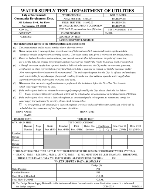 Form CDD-0235 Water Supply Test - Department of Utilities - City of Sacramento, California