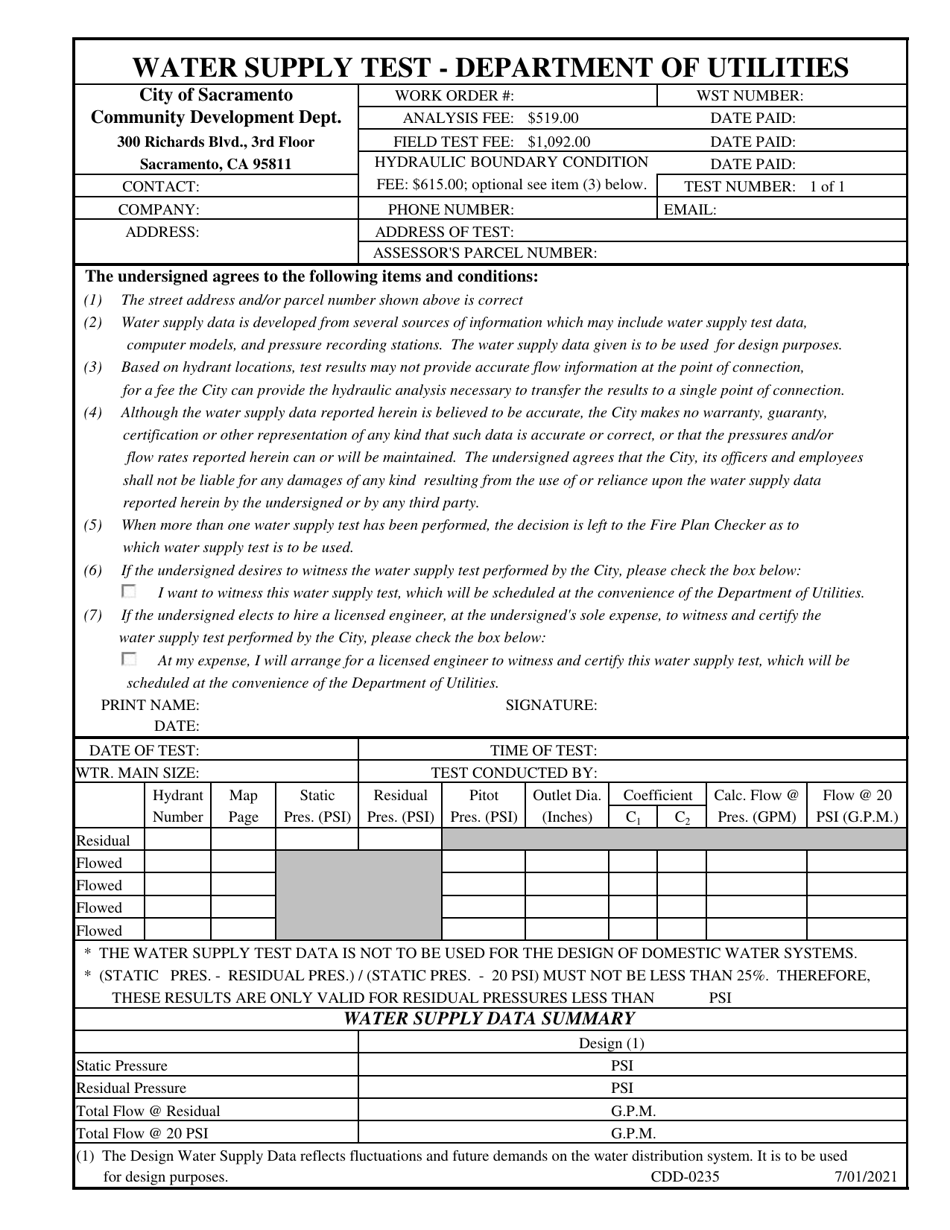Form CDD-0235 Water Supply Test - Department of Utilities - City of Sacramento, California, Page 1