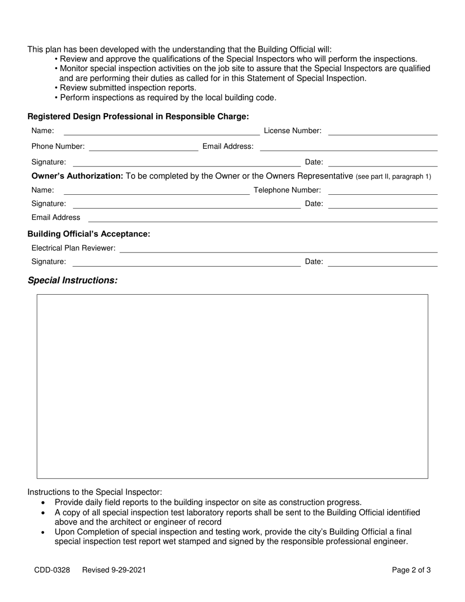 Form CDD-0328 Special Inspection Short Form - Electrical - City of Sacramento, California, Page 2